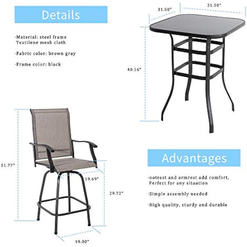 Shintenchi Patio Swivel Bar Set, alle weer textielstof Outdoor High Stool Bistro Set met 2 bar stoelen en glazen tafel