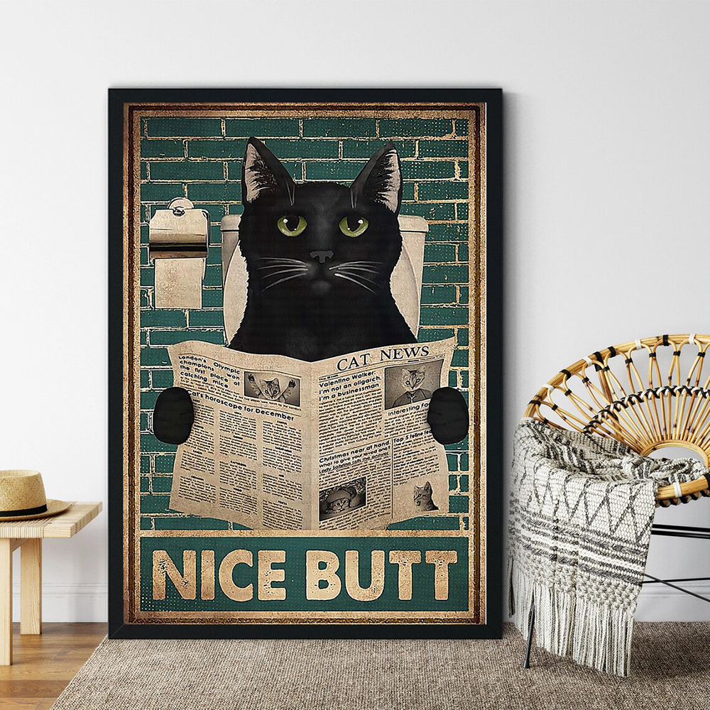 Cat Halloween Nice Butt Poster Funny Retro Black Animal Bathroom Wall Painting Print Vintage Toilet Decor Read Newspaper Canvas