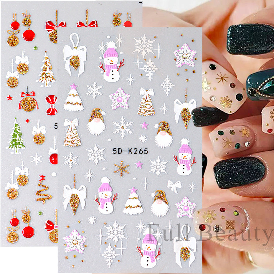 2023 Christmas 5D Nail Stickers Winter Self Adhesive Slider Gold Snowflake Small Bell Decals Deco Ongles Nail Art PP5D-K263