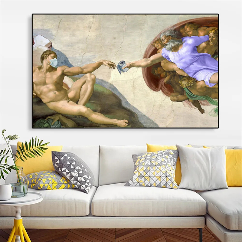 Precious Toilet Paper Funny Hand of God and Adam Mural Poster Prints Wall Art Canvas Painting Wash Room Decor Study Home Decor