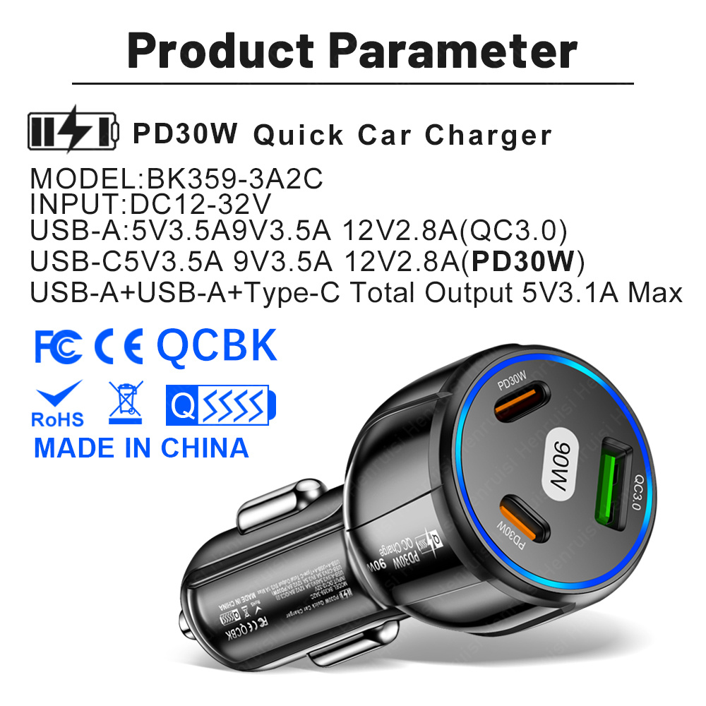 3 portas carregador de carro USB tipo C 90W Adaptador de telefone de carregamento rápido no carro USB Charger 3.0 para iPhone Huawei xiaomi 13 Samsung