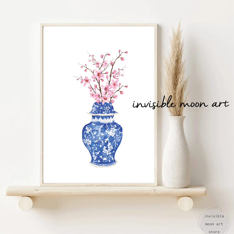 Vase chinois blanc bleu traditionnel avec des fleurs de fleurs de cerisier Affiches art toile peinture peinture imprimés images de chambre décor