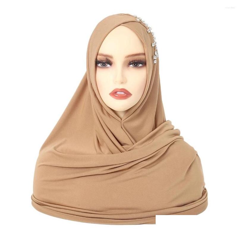 Roupas étnicas Hijab muçulmano Diamante de cor sólida PL na amira longa lenço xale amarrado mti-cor do Oriente Médio para mulheres Drop de Ot7lk