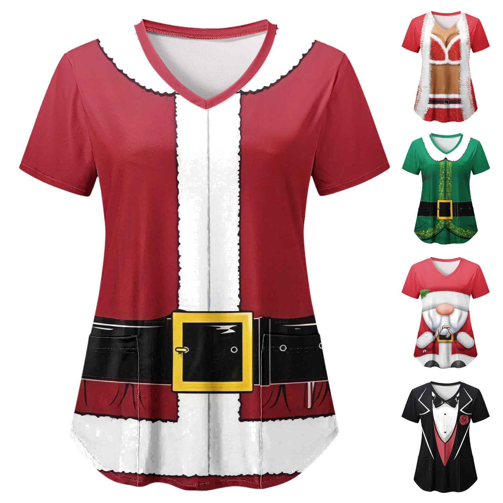 Christmas Nurse Uniform Women Funny Santa Claus Print Short Sleeve Working Shirts Tops Workers Scrub Nurse Uniforme Blouse