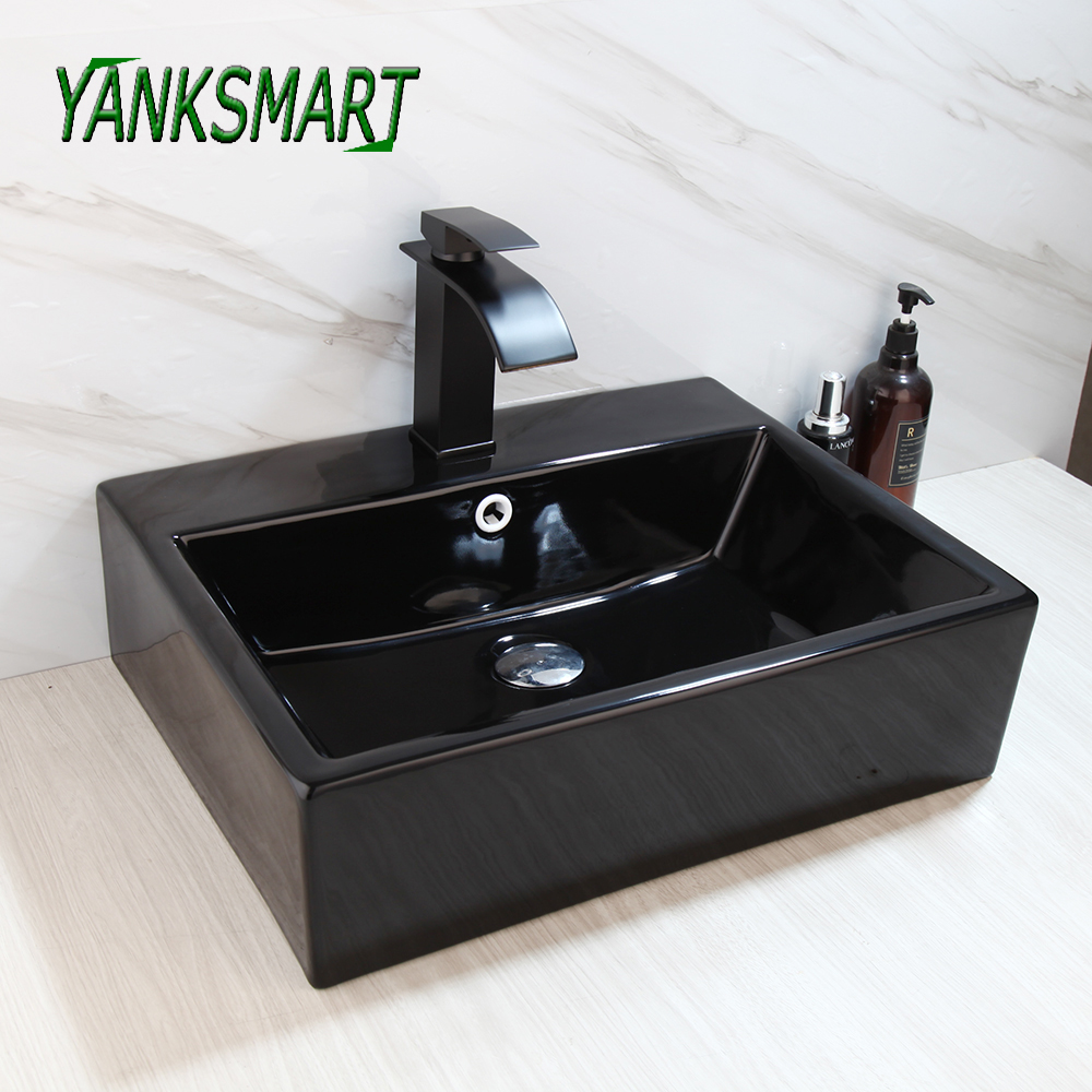 Yanksmart Dikdörtgen Seramik Banyo Washbasin+Şelale Siyah Havza Musluk