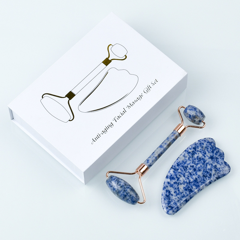 Natural Blue White Dot Jade Roller och Gua Sha Stone Set Facial Gouache Scraper Massager Lyftande anti-rynkande hudvård