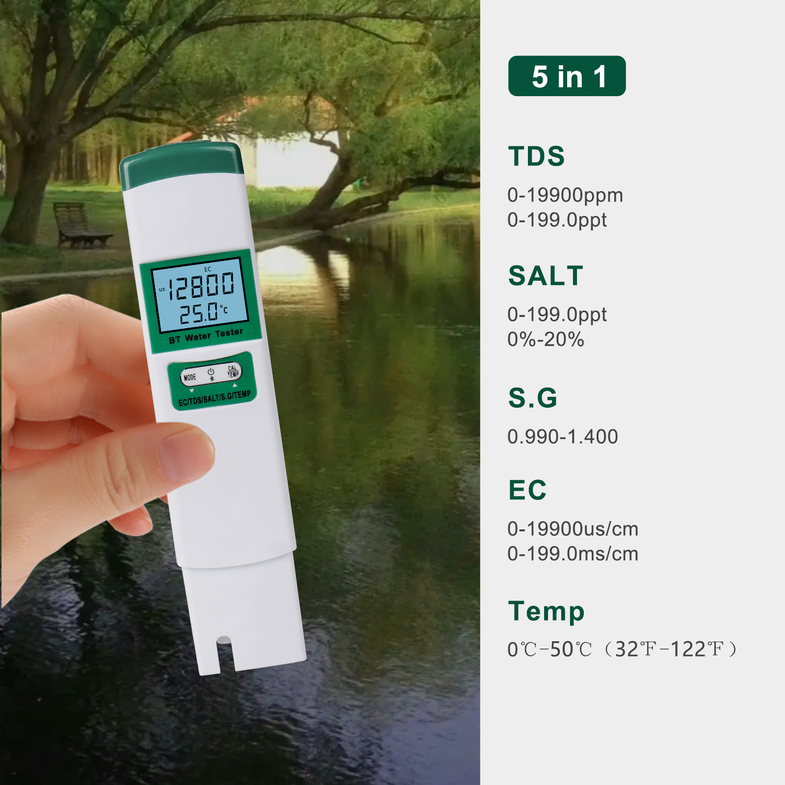 5 po en 1 Test de qualité METTER METTER EC / TDS / SALT / S.G / TEMP METER pour l'eau avec un rétroéclairage LCD Affichage des kits de test d'eau haute précision