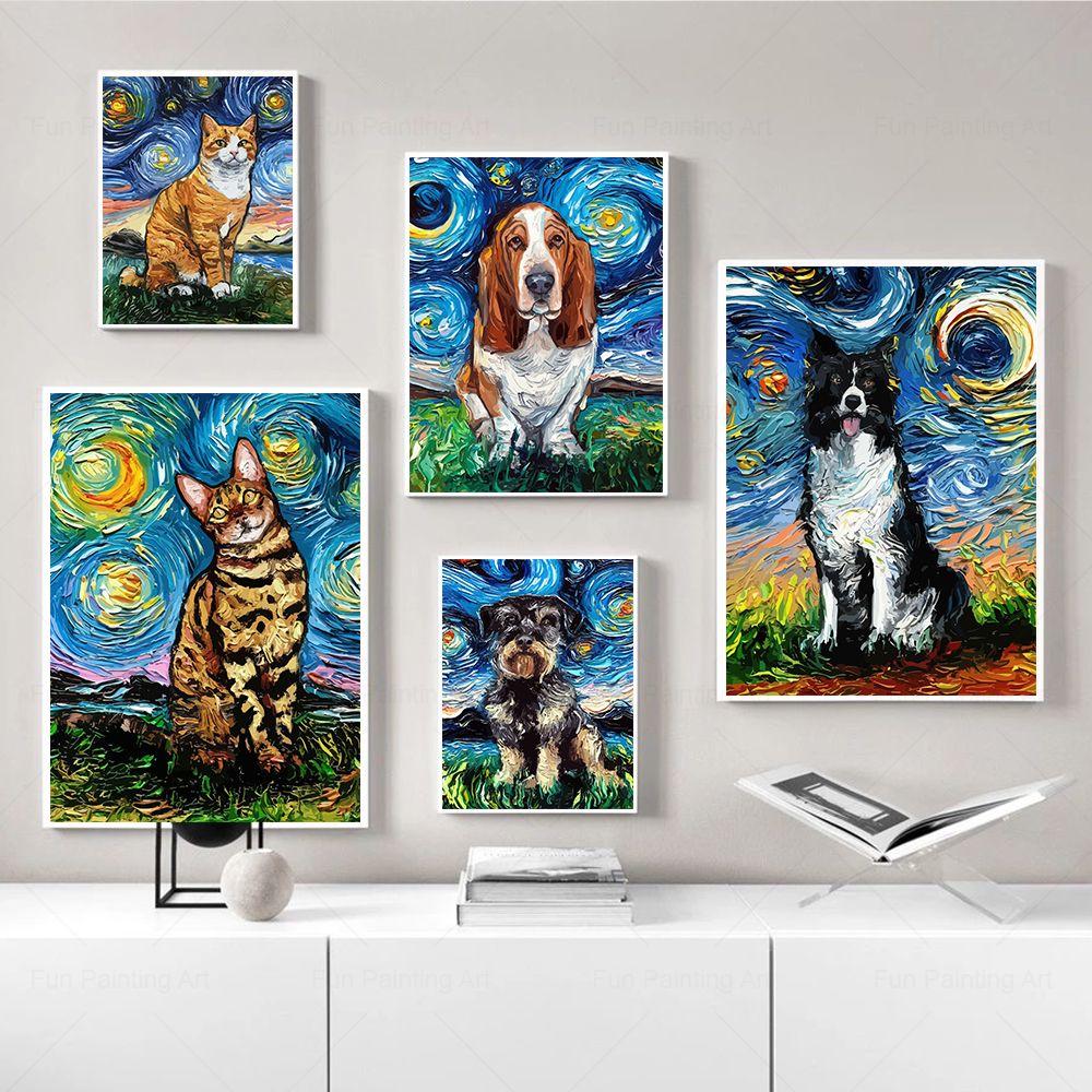 Oljemålning Basset Hound Collie Dog Cat Starry Night Van Gogh Wall Art Canvas Poster roliga djurtryck Homeliving Room Decor