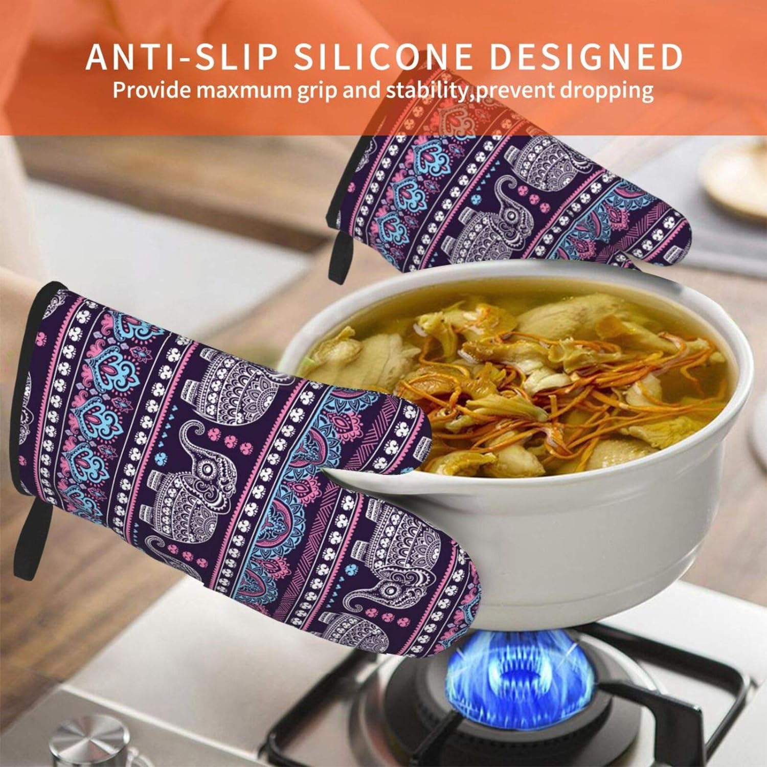 Set Oven Mitts Tribal Ethnique Elephant Mandala Elephant Baking Glove For Cooking Bbq Four Gants Kitchen Gants Gants For