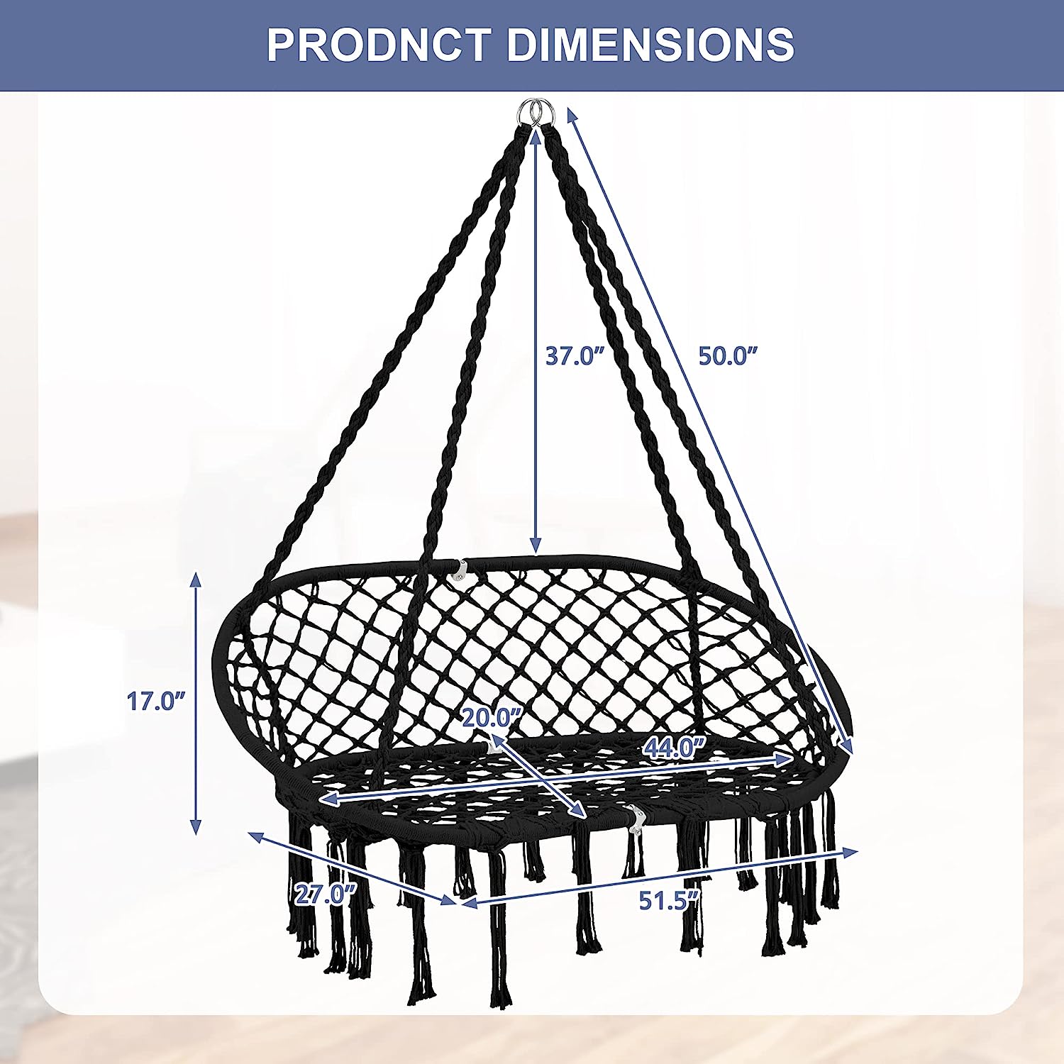 Chaise hamac suspendue swing corde, max 450 lbs, grande chaise suspendue macrame avec un kit de matériel supérieur avec un kit matériel