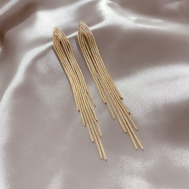 Vintage Trendy Gold Color Bar Long Thread Tassel Drop Earrings For Women Glossy Geometric Korean Earring Wedding Party Jewelry