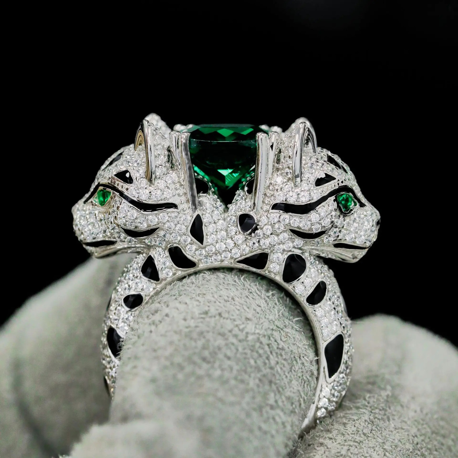 925 Silver Plated Gold Ring High Carbon Diamond Green TourmalineBaojia Animal Pearl SeriesDouble headed Leopard Cat Cool240412