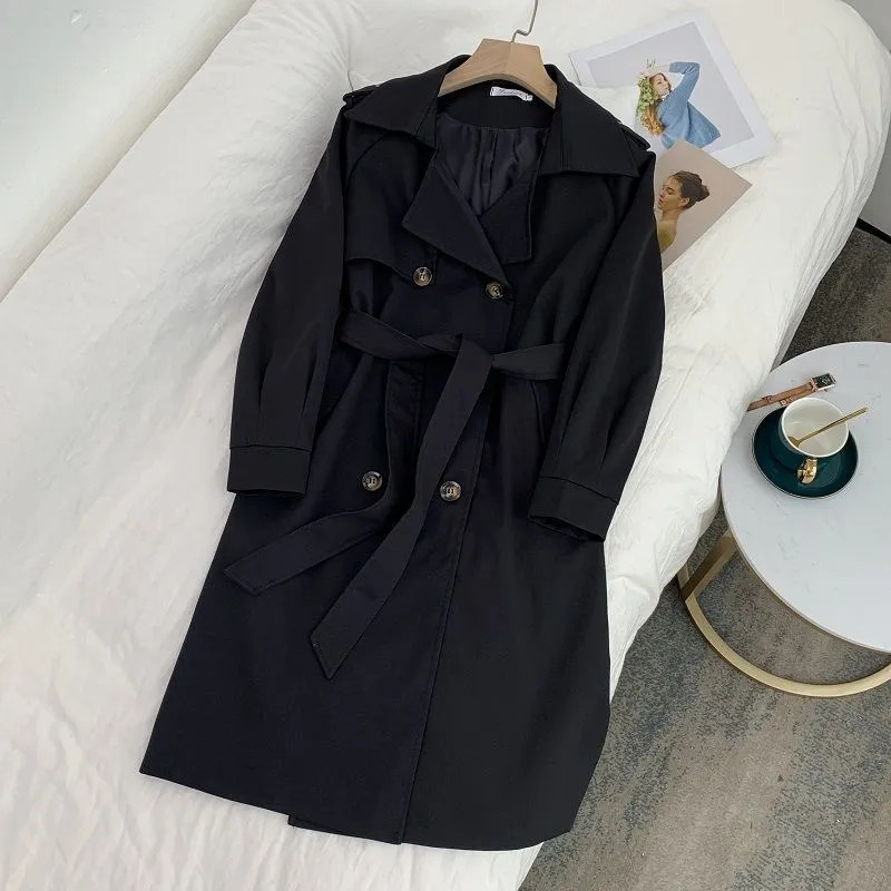 Spring herfst Women midden-lengte trench jas zwarte kaki dubbele borsten winddichte uitloper met vleugels elegante windjack