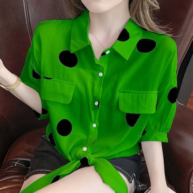 Women's Blouses Shirts Fashion Lapel Loose Bandage Bow Polka Dot Shirt Womens Clothing 2023 Summer New Oversized Casual Tops Half Sleeve Korean Blouse 240411