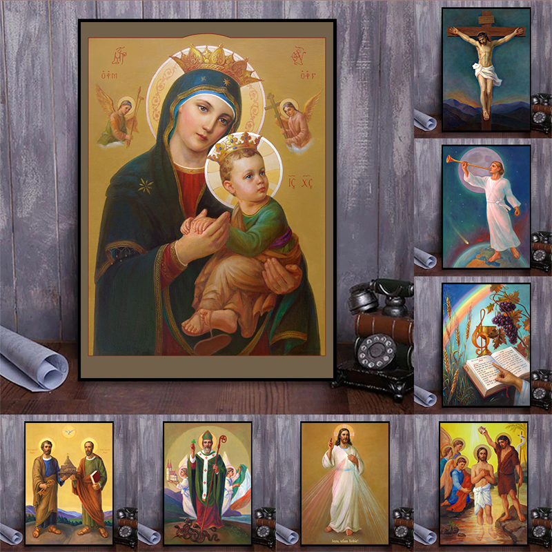 Katolsk konst canvas målar Jesus jungfru Maria Mary Vintage Affischer väggkonsttryck bilder för vardagsrum hem Kristi dekor cuadros