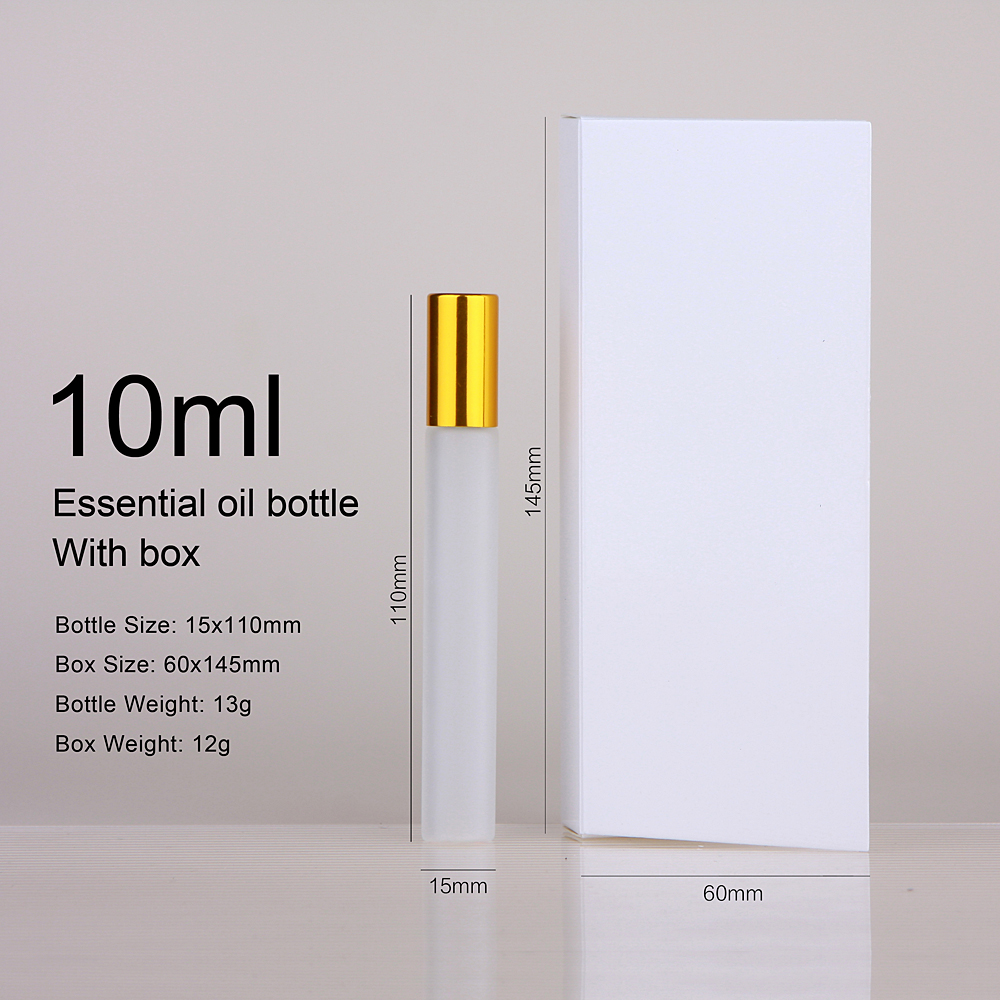 30// 10 ml Bouteille d'huile essentielle givrée avec boîte d'emballage Refipillable Perfume Bottle Glass Vials Print Logo Pay Extra