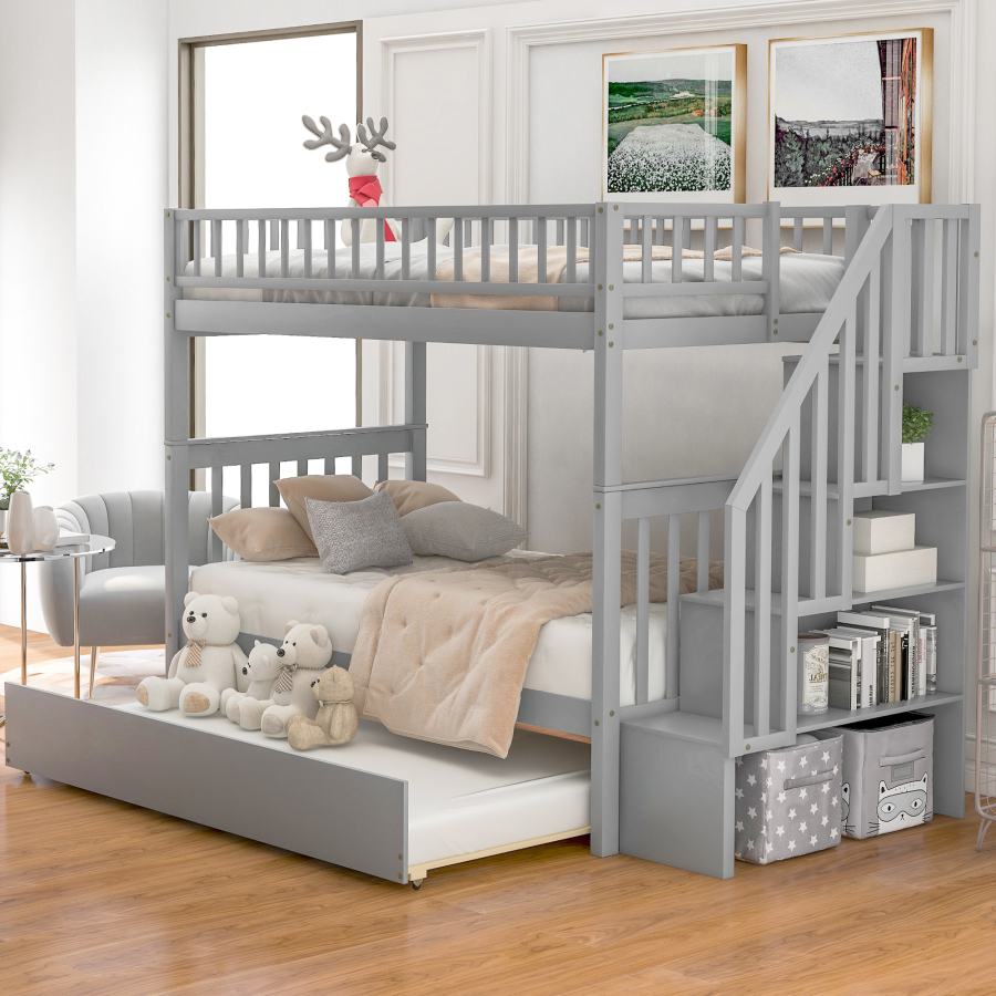Twin Over Twin Bunk Bed avec gigogne et 4 rangement, peut être divisé en 3 lits séparés, robuste durable, lit superposé pour la chambre pour enfants
