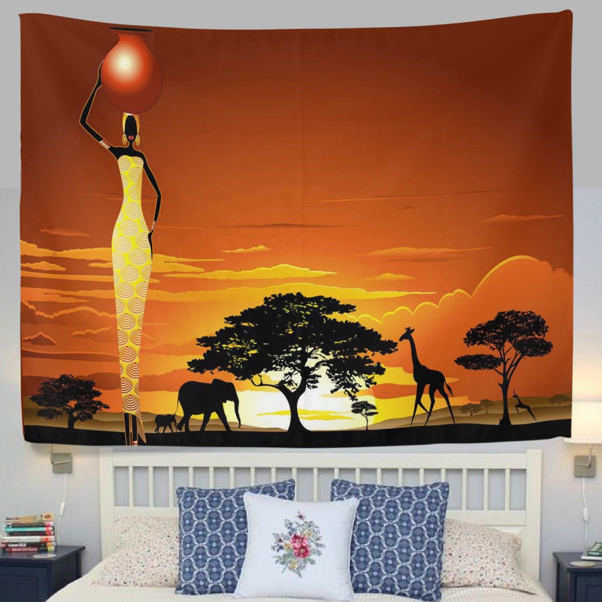 Tapisserie animale, safari Africain Graff Elephant Tree Silhouette Tapasches Tissu Mur Mur à la chambre DÉCOR MUR DE SOI