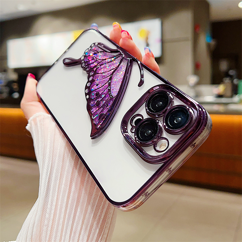 Luxury Plating Silicone Clear Glitter Quicksand Dream Butterfly Case For iPhone 15 Pro 14 13 12 11 Pro Max Shockproof Lens Cover