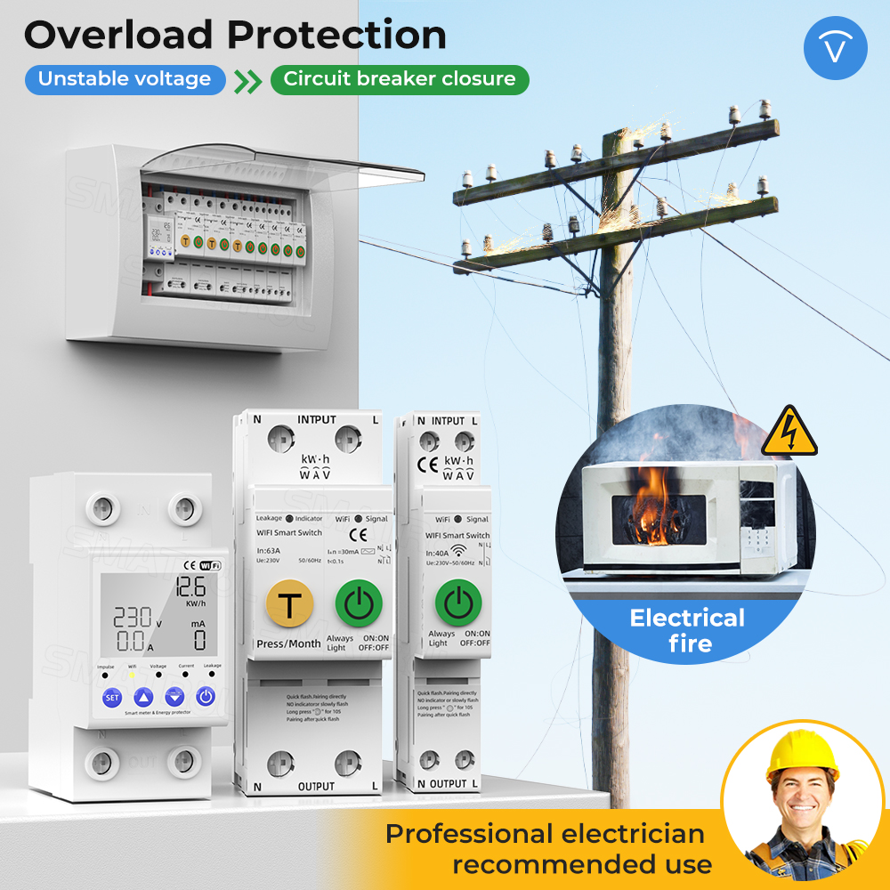 Brexer Smart Circuit Tuya WiFi Sous-Tension Protector Relay Din Rail Smart Switch KWh Médeur d'énergie Protection des fuites