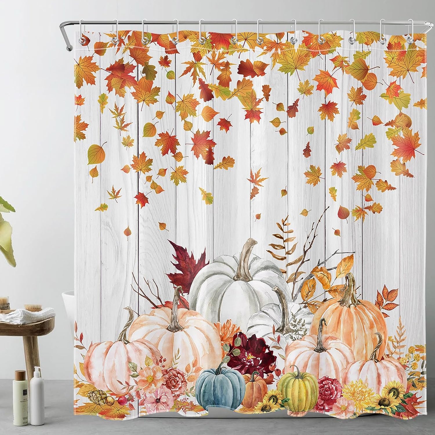 Herfst pompoen douchegordijnen herfstblaadjes thanksgiving bad gordijn polyester stof waterdichte badkamer decoratief met haken