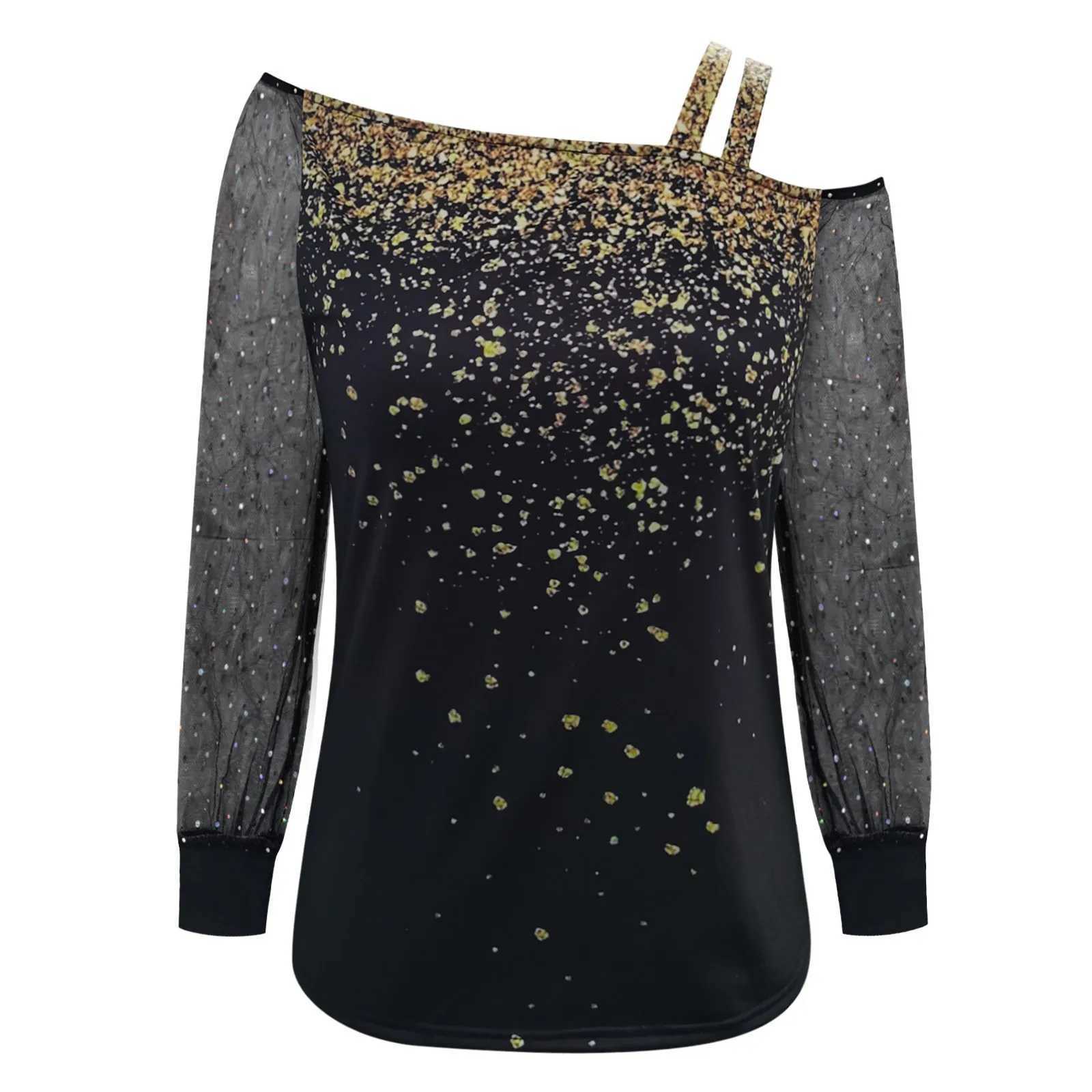 Chemises de chemisiers pour femmes chemisier à paillettes Fashion Mesh Shirt lâche sexy one épaule Collier Collier Blouse décontractée Femme Femme Long Manche Blusas Pullover 240411