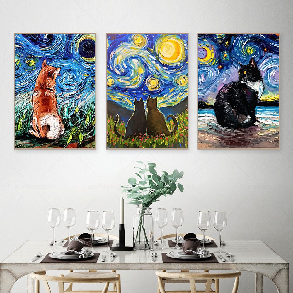 Oljemålning Basset Hound Collie Dog Cat Starry Night Van Gogh Wall Art Canvas Poster roliga djurtryck Homeliving Room Decor