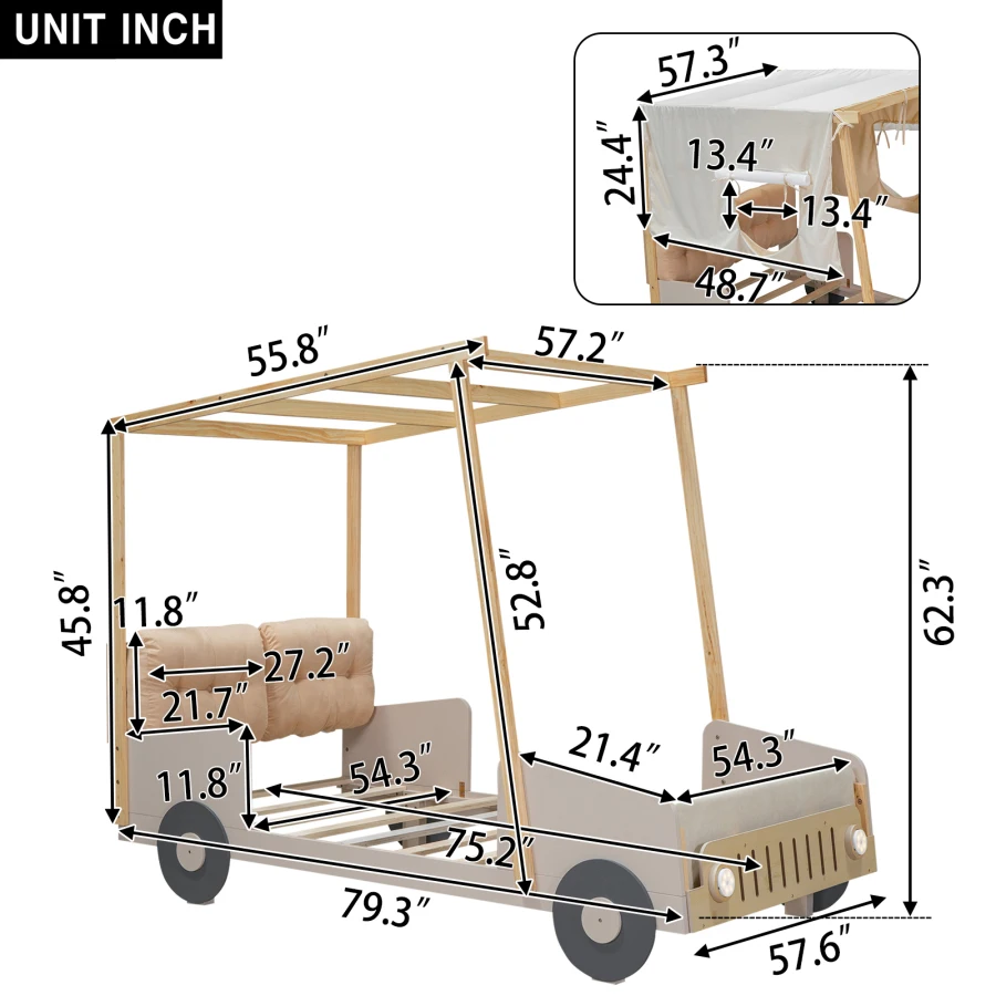 Full -Size -Autobett, Holz Vollautobett mit Kissen, robust