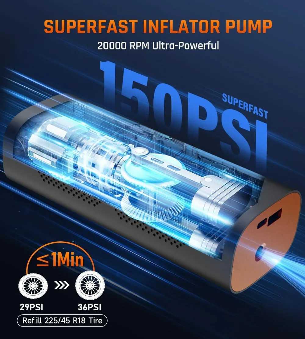 Bröstpumps däck inflator bärbara luftkompressor 150psi trådlös luftpump för bildäck 2x snabbare elektrisk inflationsdäck 240413