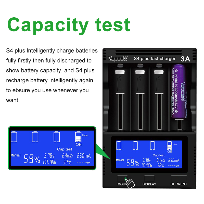 Senza adattatore di alimentazione Vapcell S4 Plus V3.0 Caricatore Fast 3A 4 Slot Intelligent con nuovo modalità di archiviazione