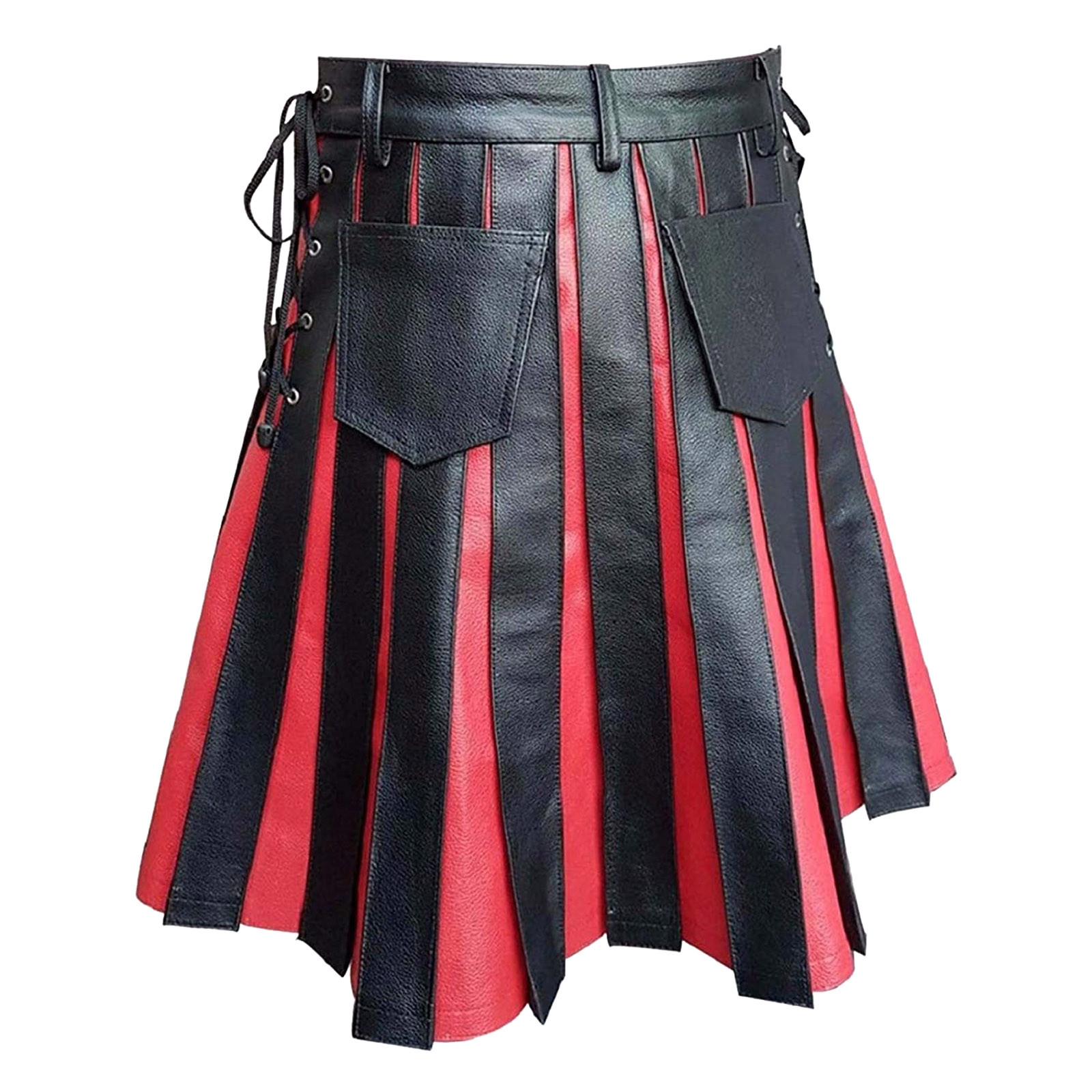 Mens Real Black & Red Leather Knee Length Gladiator Kilt with Flat Front Panels Scottish Kilts Utility LARP