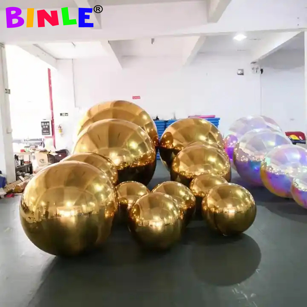 Holographic Gold Inflatable Mirror Ball 50cm Hanging Inflatable Disco Ball Giant Spheres For Events Show Decoration