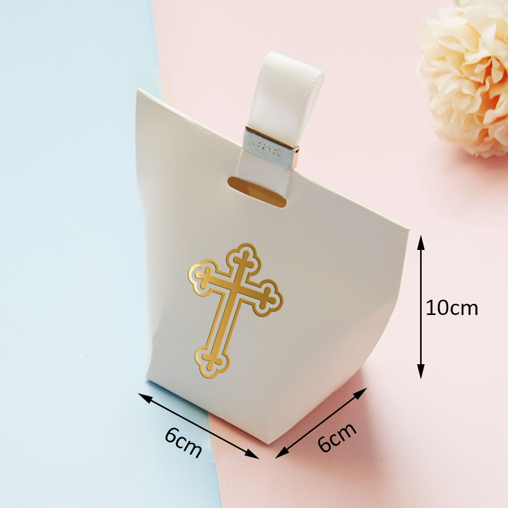 Elegant White Candy Boxes with Gold Foil Cross | Pack of 10 | Perfect for Celebratory Events: Weddings, Baby Showers, and More!