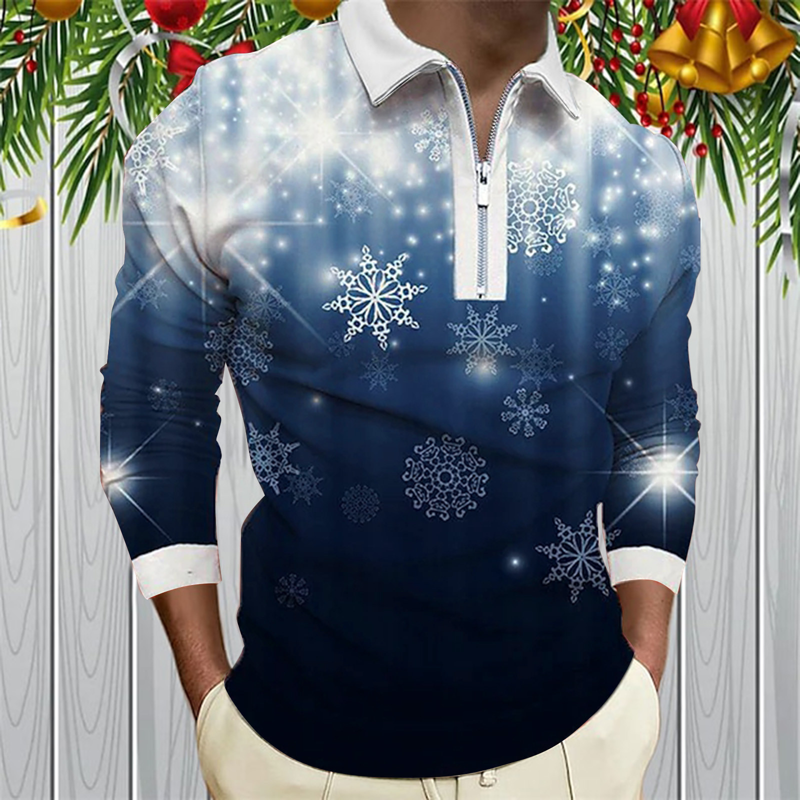 Mens Christmas Shirt Snowflake Digital Gradient Printing Christmas Holiday Lapel Half Zipper Long Sleeve Shirt For Family Party