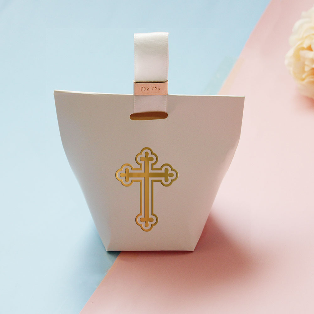 Elegant White Candy Boxes with Gold Foil Cross | Pack of 10 | Perfect for Celebratory Events: Weddings, Baby Showers, and More!