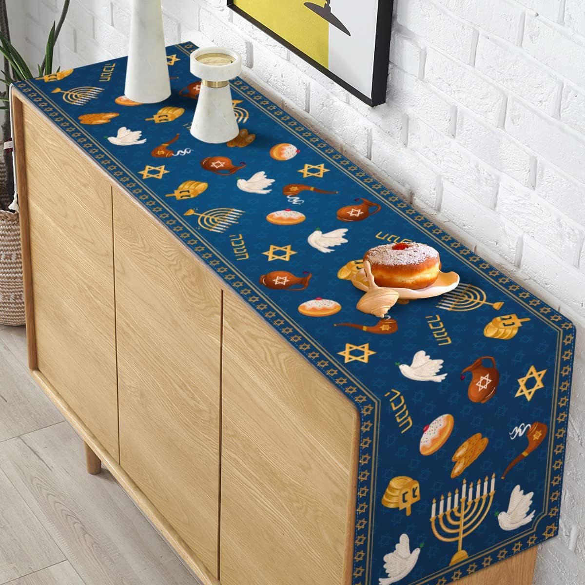 ハヌカリネンテーブルランナーホリデーパーティーの装飾ユダヤ人ハヌカメノラドレイデルデビッドダイニングテーブルランナーのキッチンの装飾のスター