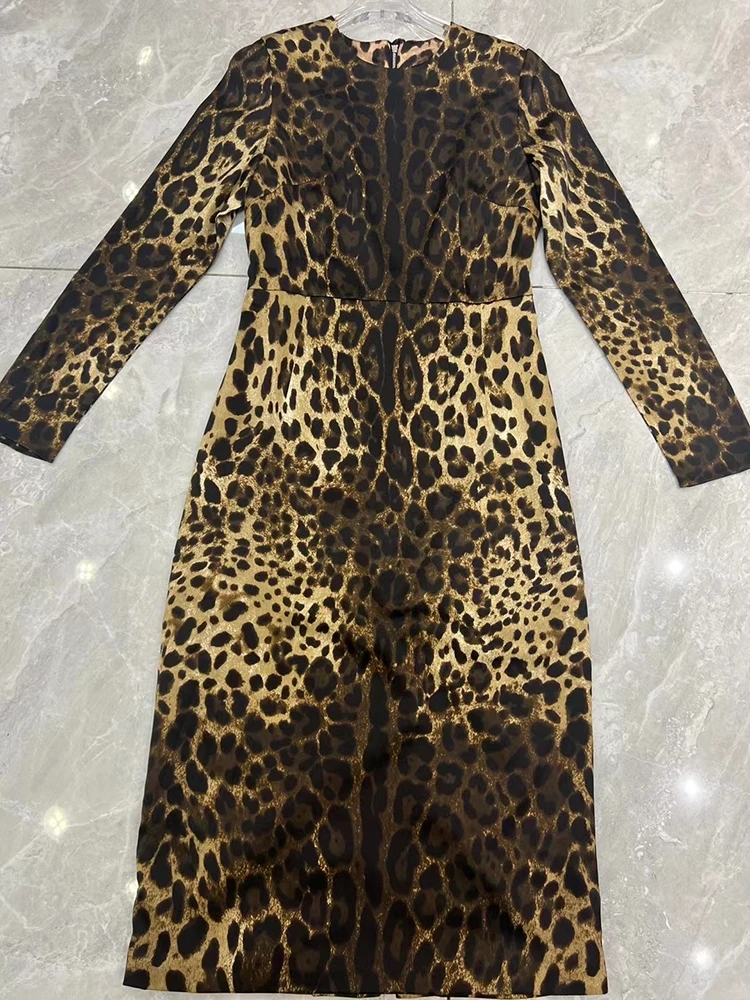 100% Silk Leopard Printing Dress Autumn Women O-Neck Long Sleeve Waist Sliming High Street Midi Vestidos