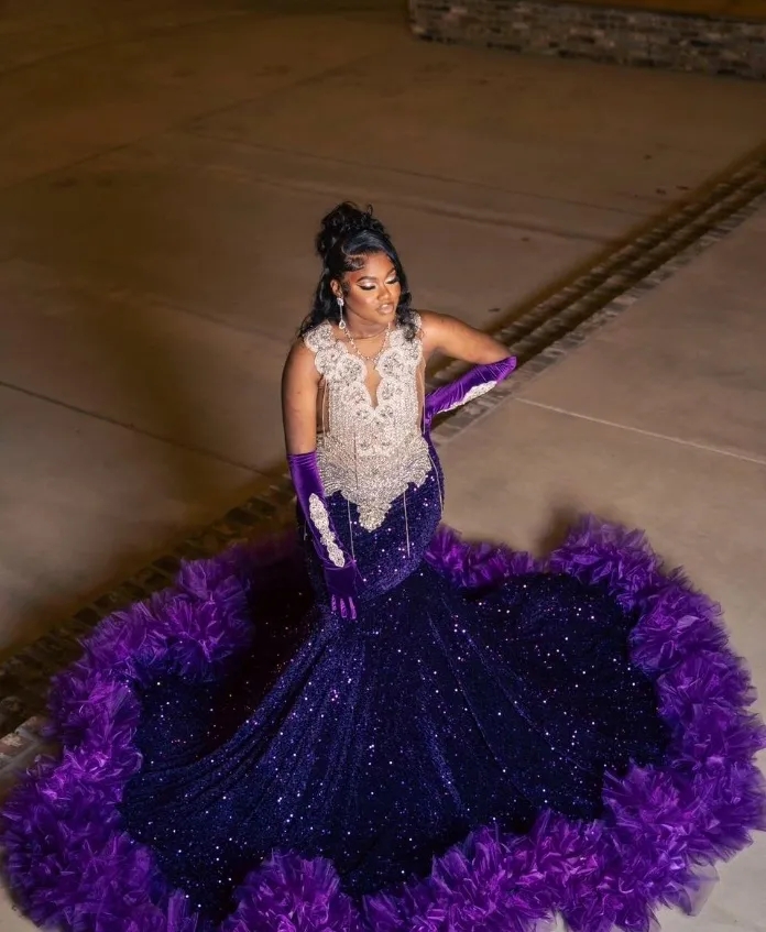 Luxury Grape Purple Prom Dress 2024 Glitter Diamante Fringe Feather Applique Mermaid Women's Party Dress Vestidos De Gala