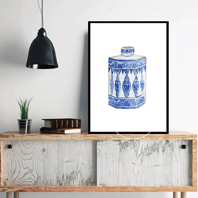 水彩ジンジャージャー花瓶中国語スタイルポスタープリントming磁器青と白のキャンバス絵画オリエンタルアートルームの家の装飾