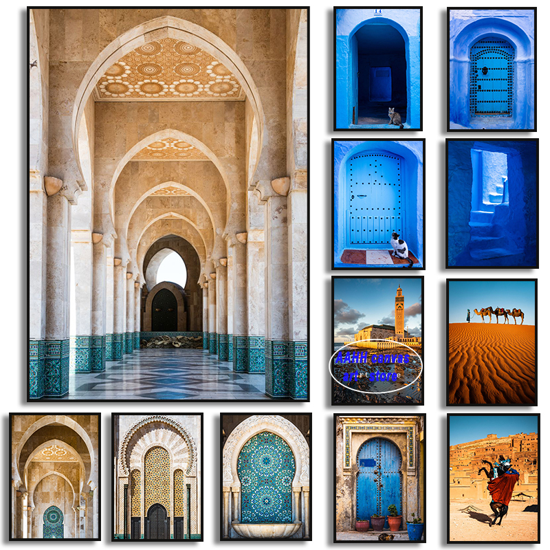 Architecture de renommée mondiale Affiches du désert de chameau nordique Morocco Porte bleue Pictures d'art imprimeur toile peinture à la maison décor