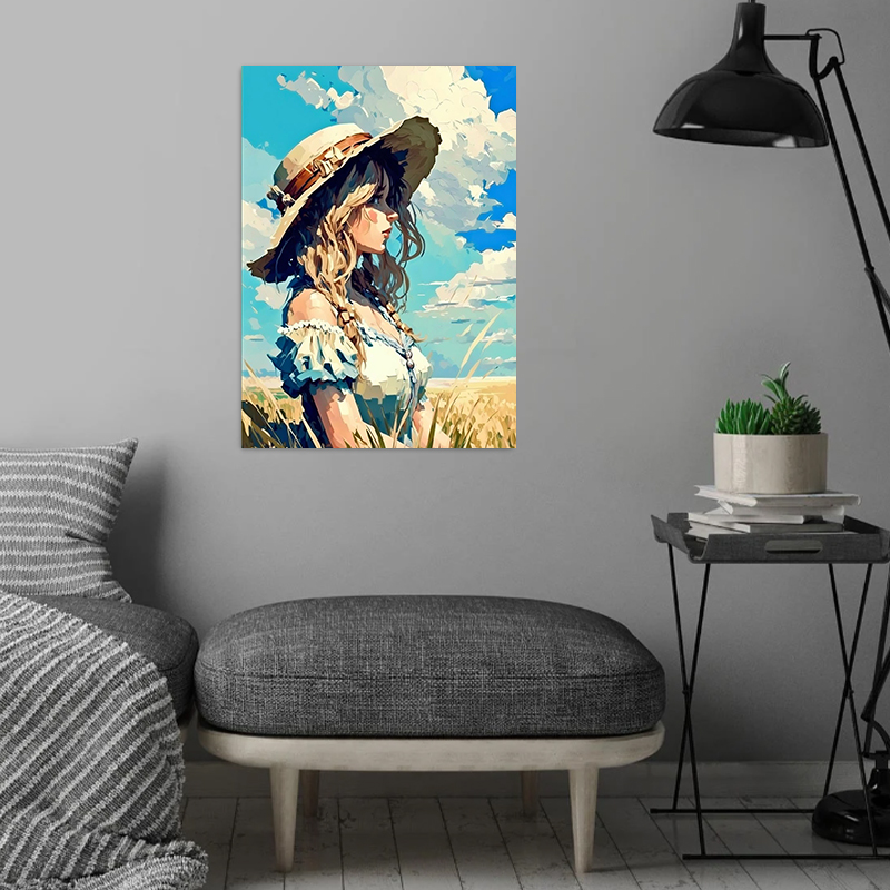 Field of Dreams Blue Sky Wheat Field Girl Girl Comic Art Płótna malarstwo na ścianę Druku