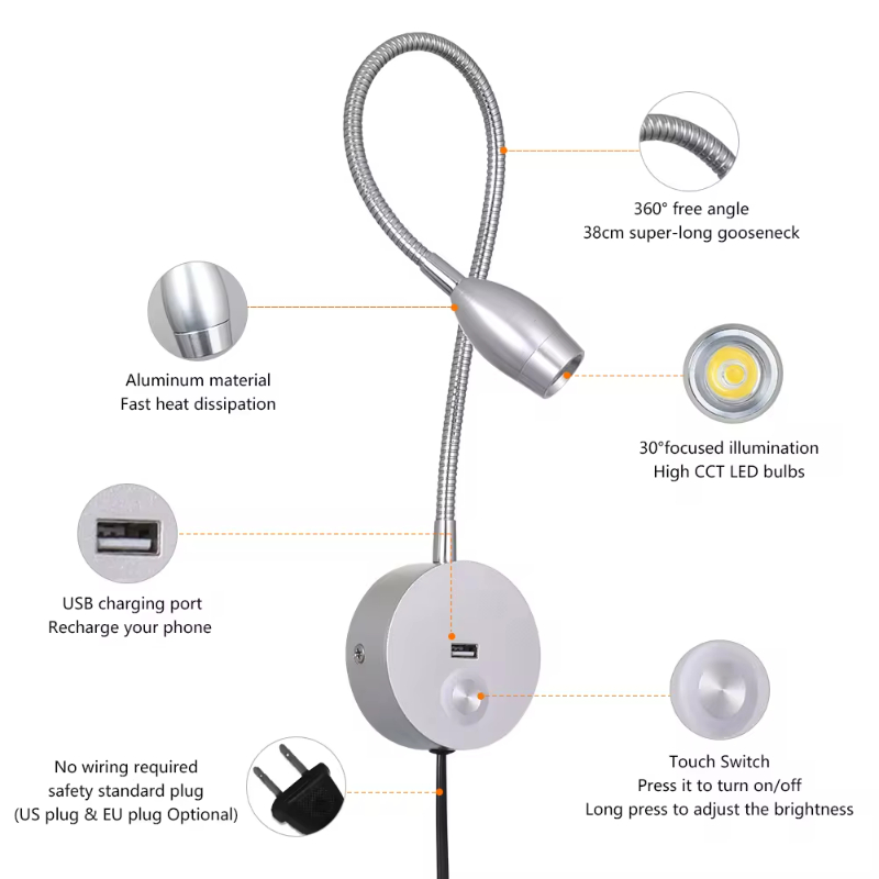 Tokili-plugg i lampan för läsning med USB-port beröring på/av/dimmer väggmonterad spotlight säng headboard gås hals sconce ljus för sovrum sovrum AC100-240V EU US