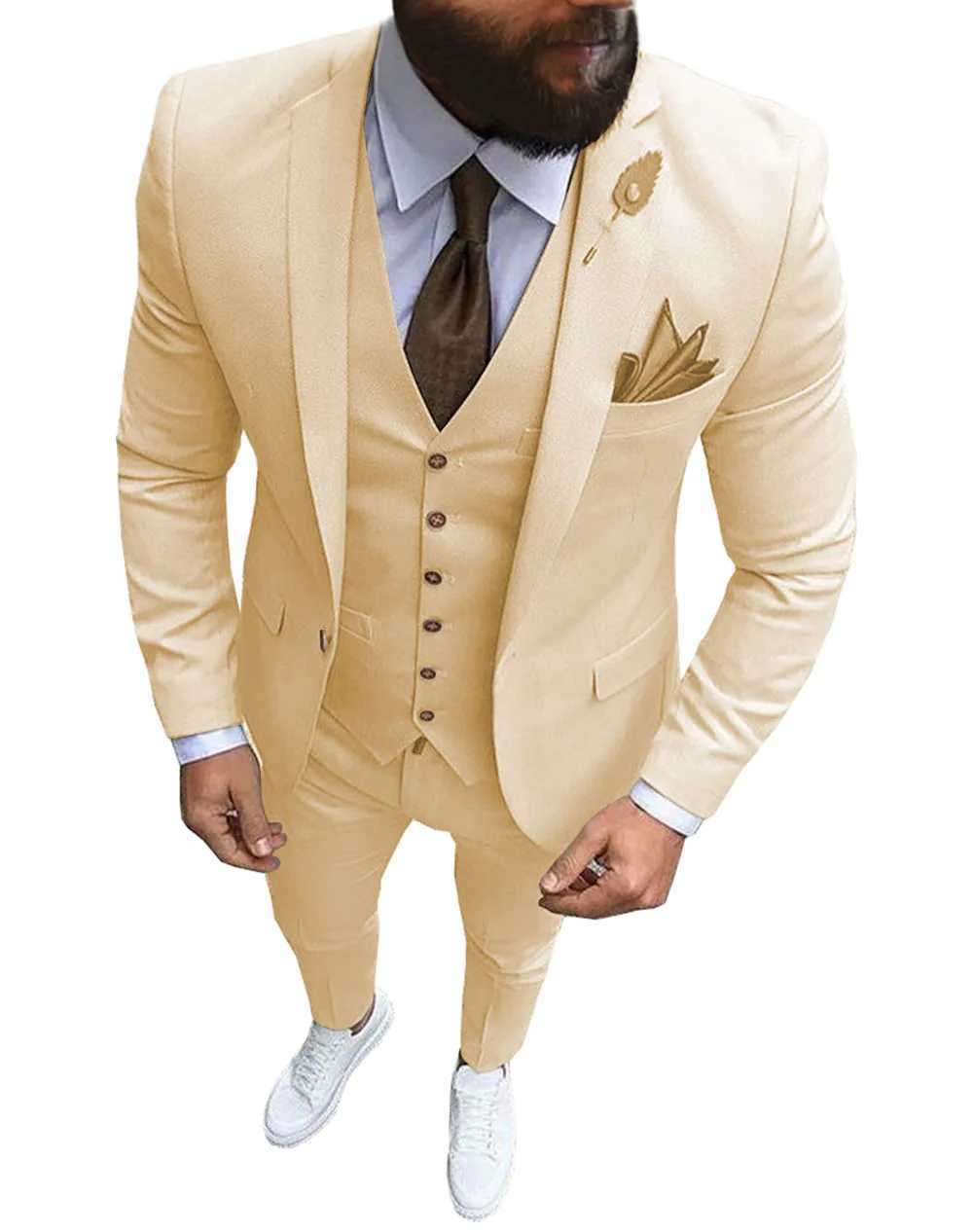 Men's Suits Blazers Men Suits Slim Fit Casual Business Champagne Lapel Khaki Formal Tuxedos for Wedding Groomsmen Blazer+Pants+Vest