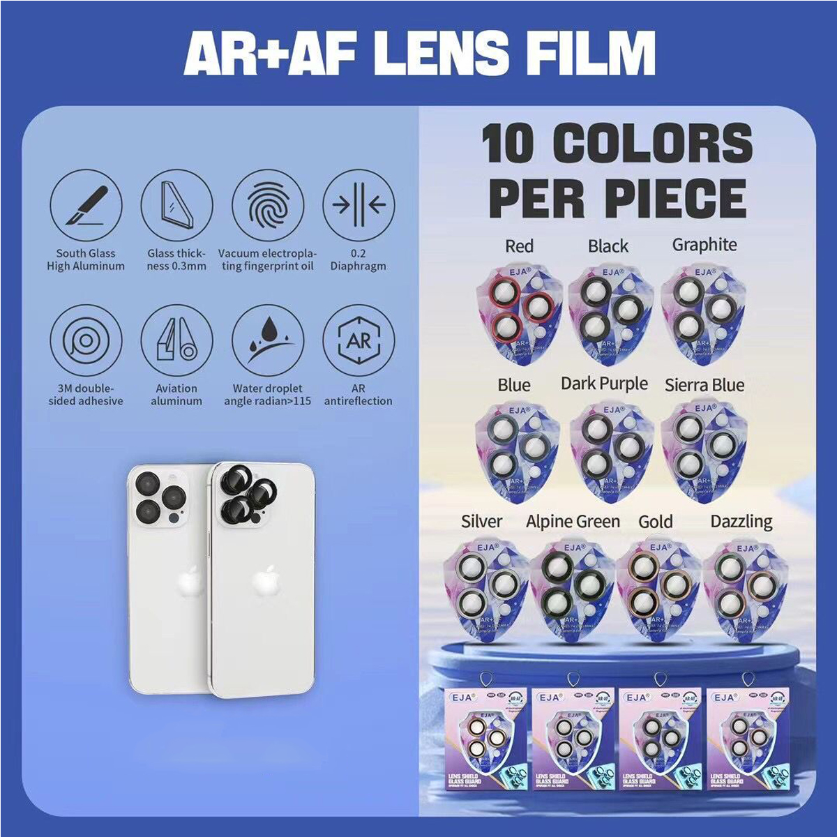 Protetor de câmera AF AR+0,3 mm para iPhone 15 Pro Max Metal Lens Ring Glass Film para iPhone 15 Plus Lens Glass Cover+Retail Packing