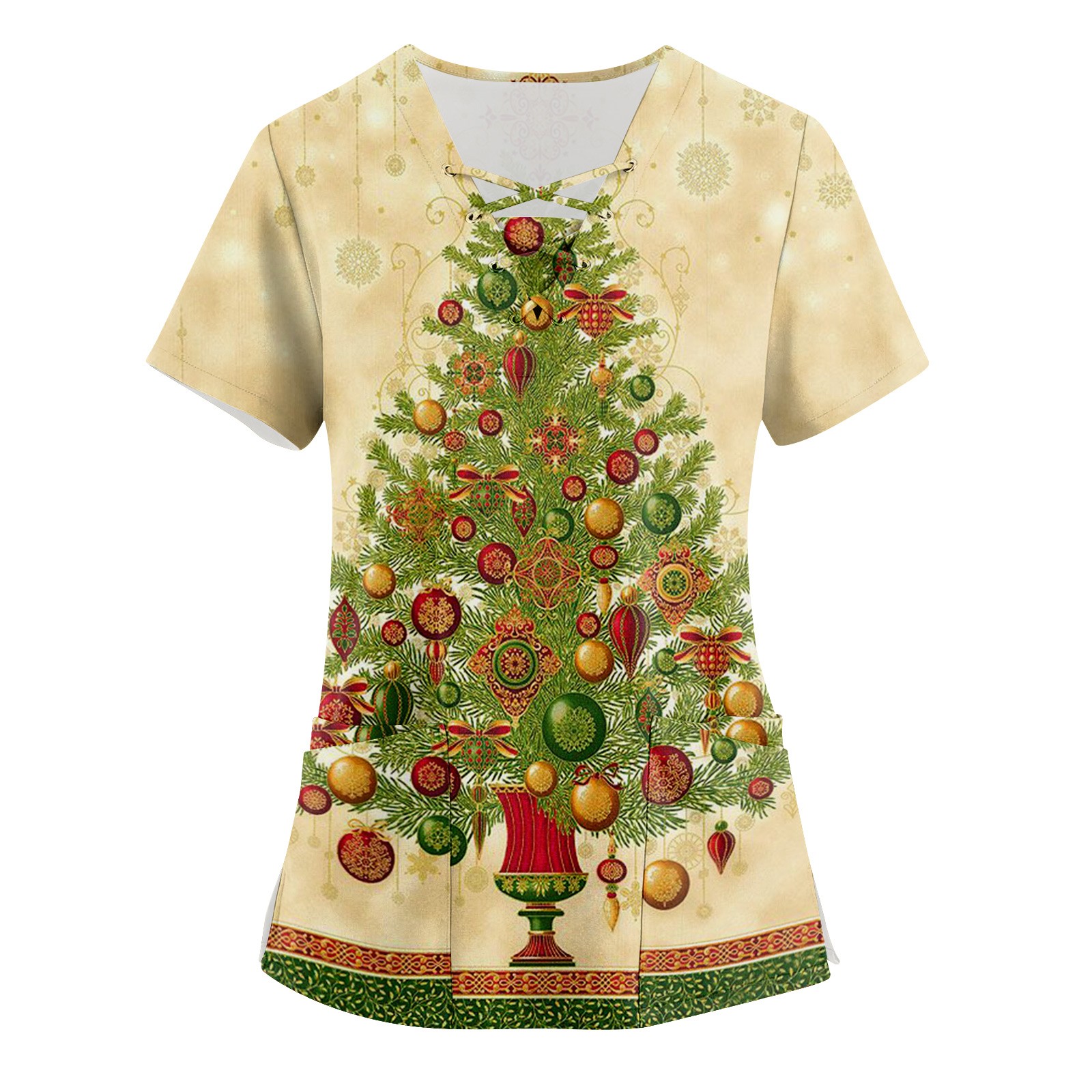 S-3XL 17Styles Christmas Cartoons Printed V-neck Short Sleeve Nurse Working Uniform Casual Breathable Women Surgical Gown Tops