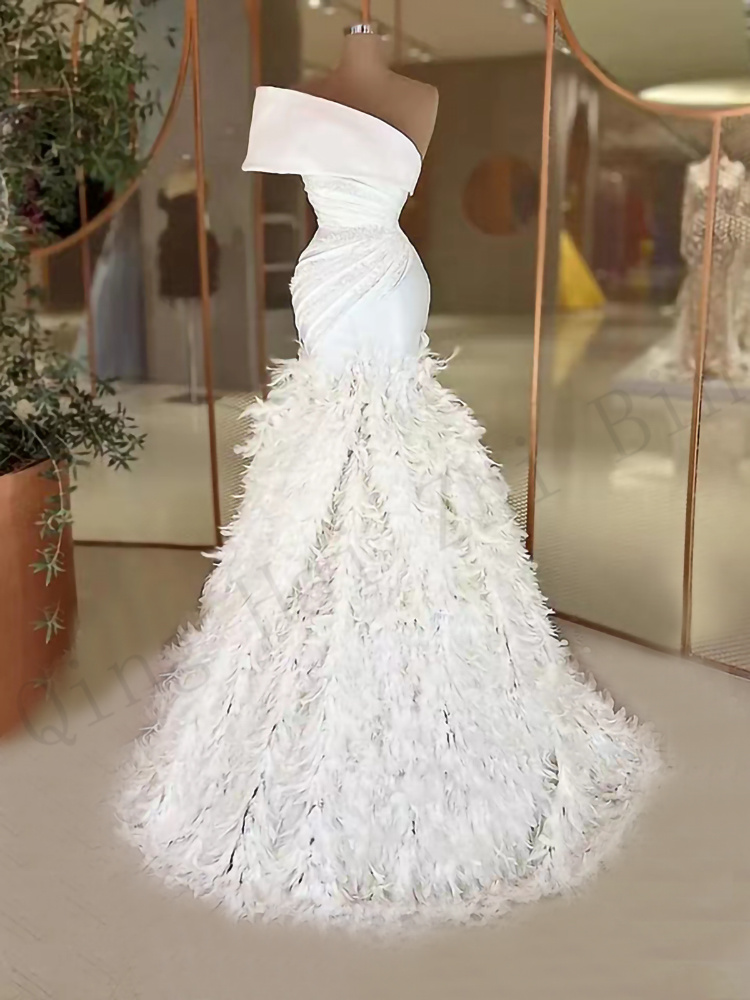 S1121 Luxury Mermaid Mermaid Trumpe Matte Matte Satin Feather perle da sposa abiti da sposa abiti da sposa da sposa Domande da sposa