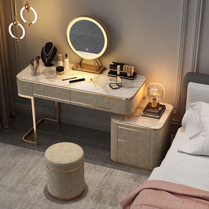 Modern Solid Makeup Tabell 2023 Ny Simple Dressing Bedroom Wood Light LuxuryTable Nordic Stol med LED -spegel lyxmöbler