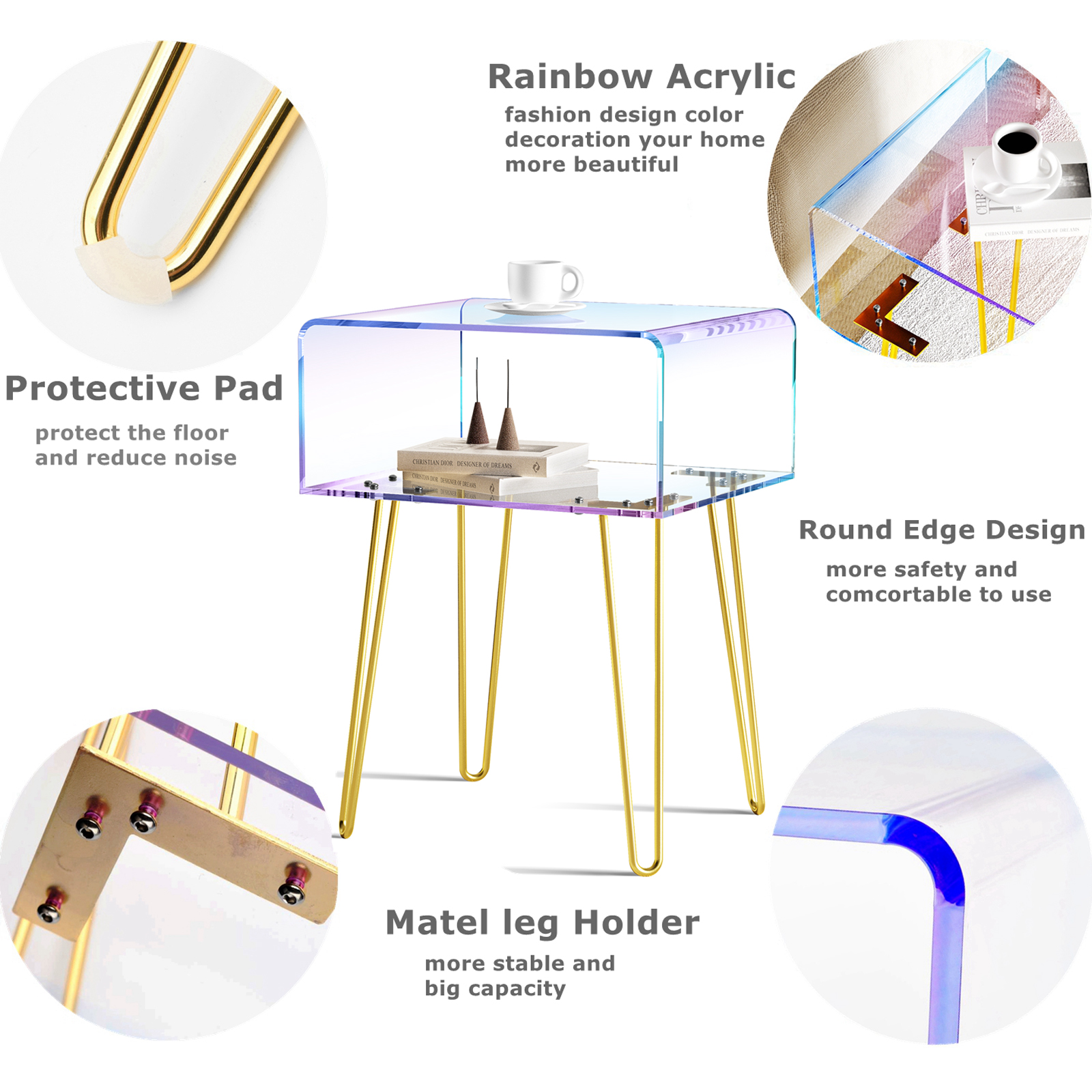 ゴールデンメタルレッグ付きアクリルエンドテーブルレインボー透明コーヒーテーブルナイトスタンドベッドサイドテーブルベッドルームリビングルームカフェ用