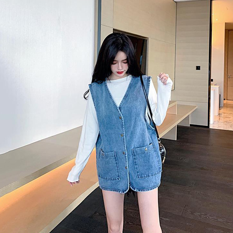 2023New Denim colete Mulheres Spring Autumn Sleeves Midn comprimento Jean Cardigan Coat Jeans Feminino Coloque Casual Casual Casual Lady Tops