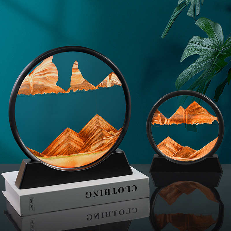 7/12 tum 3D Moving Sand Art Mountain Flowing Sand Picture Round Glass Dynamic Display Quicksand målning Kid's Gifts Home Decor